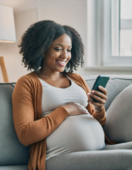 Pregnant woman sitting on the couch smiling at her phone